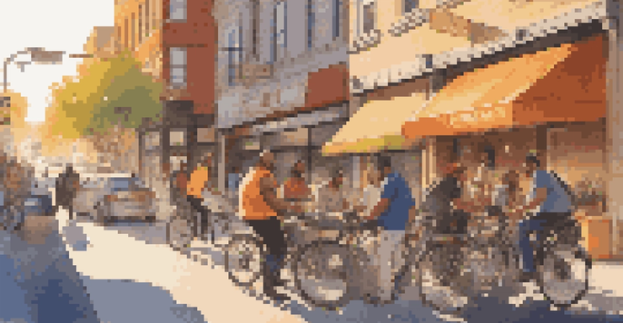 A busy city street with various gig workers including a cyclist, a designer, and a rideshare driver, illuminated by golden hour sunlight.
