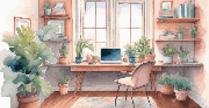 A bright and inviting home office with a modern desk and large window, featuring a laptop and potted plant.