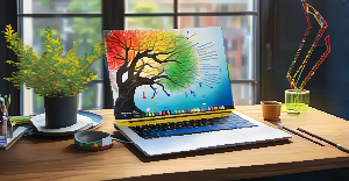 A colorful mind map on a wooden desk, showing various career goals and skills with a laptop and notebook in the background.