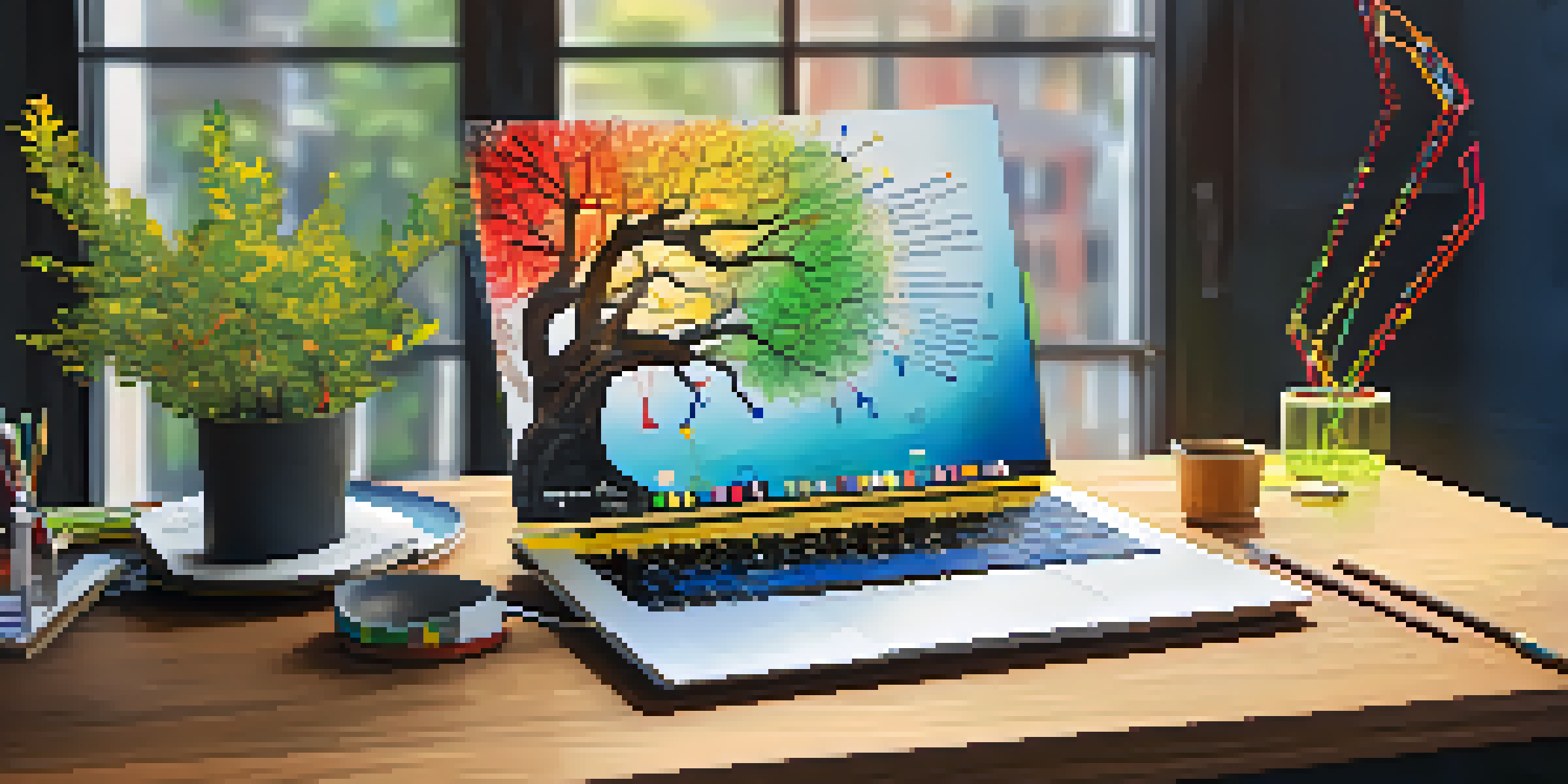 A colorful mind map on a wooden desk, showing various career goals and skills with a laptop and notebook in the background.