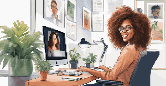 A young woman in a modern office engaged in a video call with her mentor, displaying a focused expression.