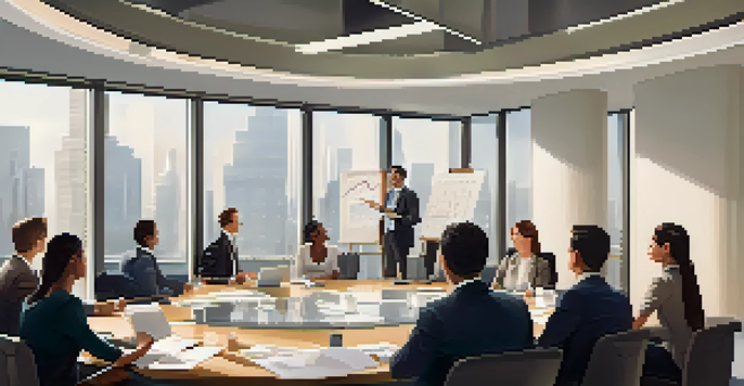 A diverse group of colleagues in a well-lit office meeting room, engaged in effective communication.