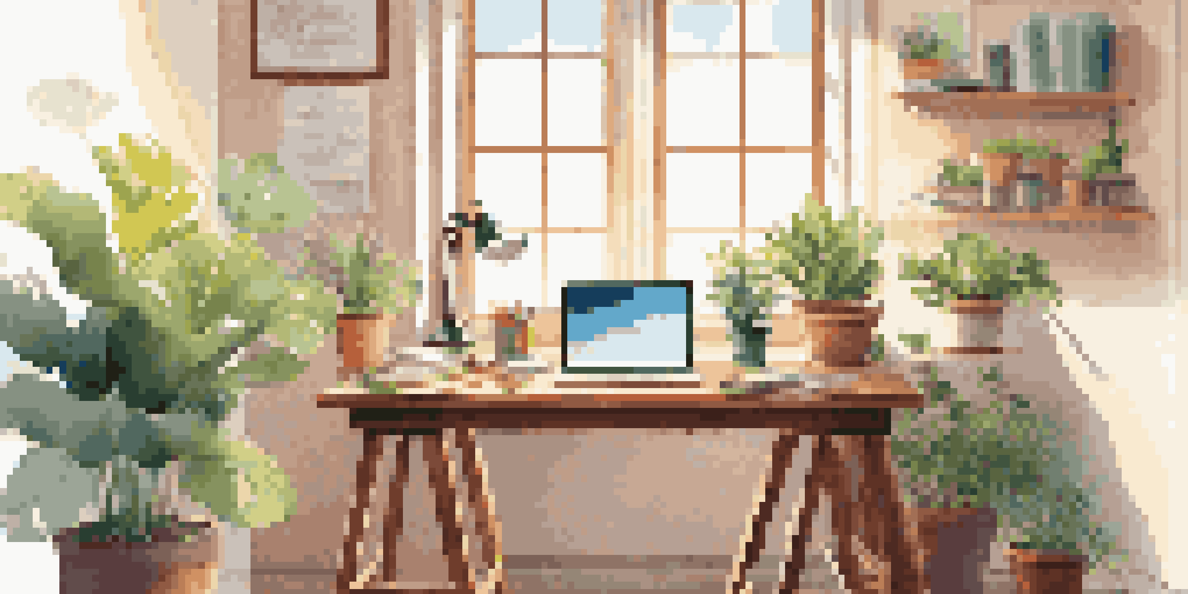 A sunny workspace featuring a wooden desk with a laptop, colorful stationery, and a potted plant, illuminated by natural light from a large window.