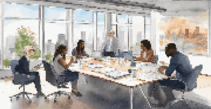 A diverse group of professionals brainstorming around a modern conference table, engaged in discussion with a cityscape view through large windows.
