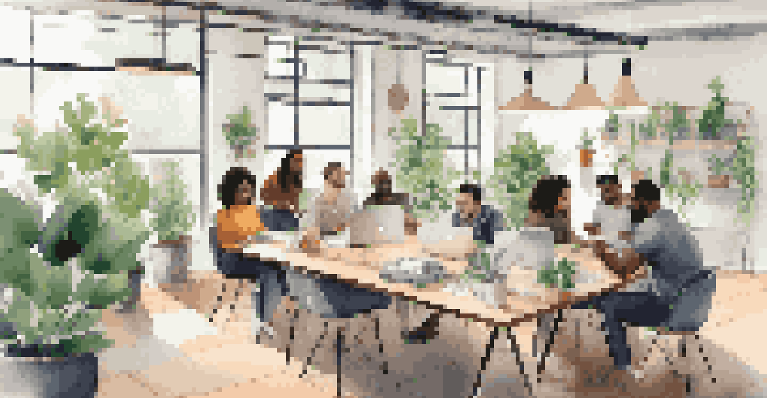 A diverse group of freelancers collaborating in a bright co-working space with laptops and notebooks on the table.