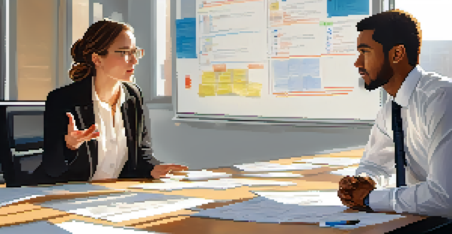 A mentor explaining something to an eager intern in a bright office, with a whiteboard filled with notes in the background.