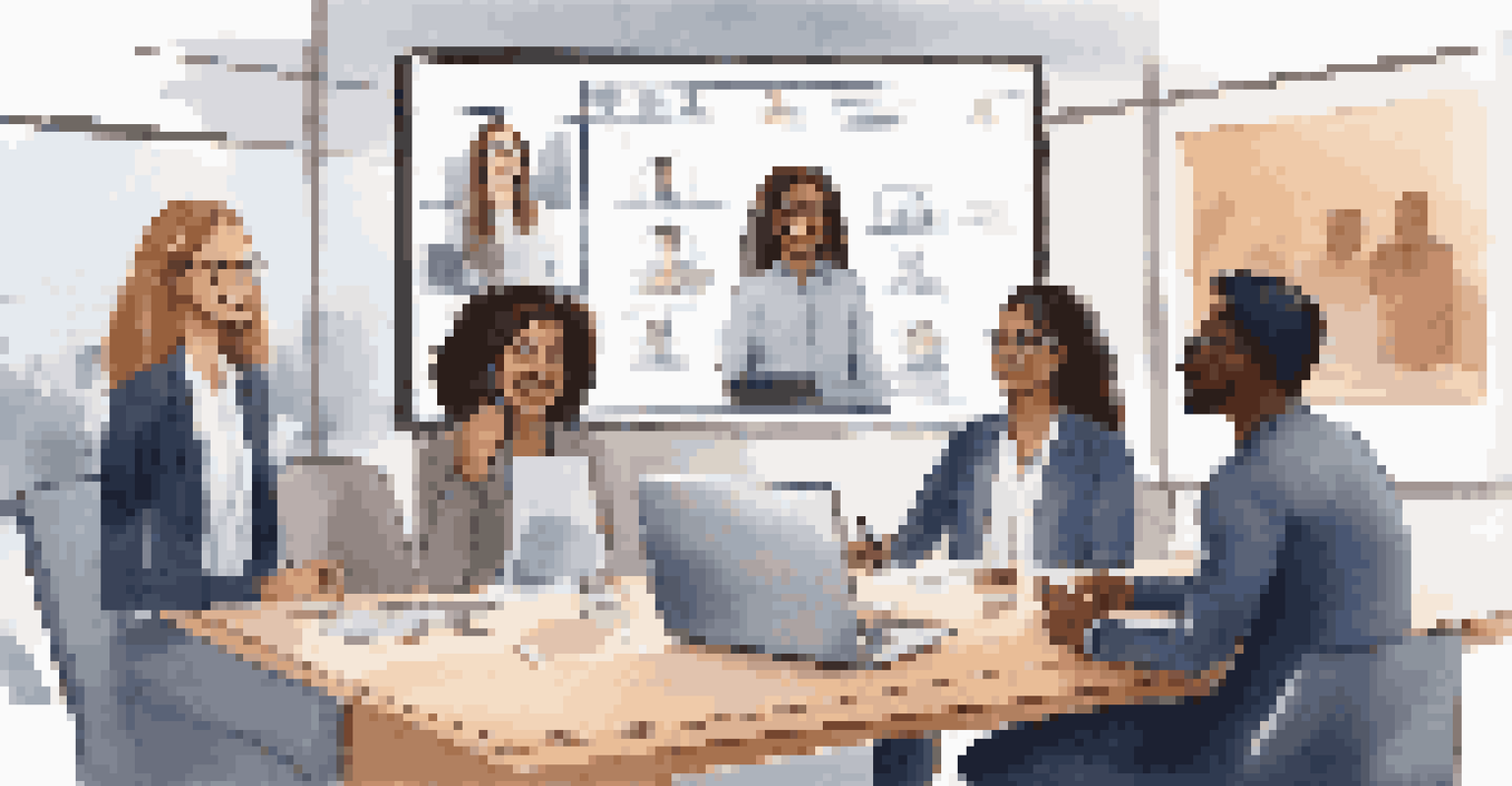 A video call featuring diverse professionals in their home offices, engaged in discussion with a digital whiteboard in view.
