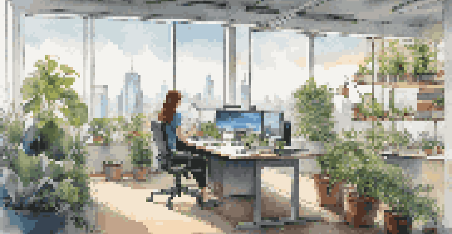 A modern office with a city view, featuring a person working at a desk surrounded by plants and tech gadgets.