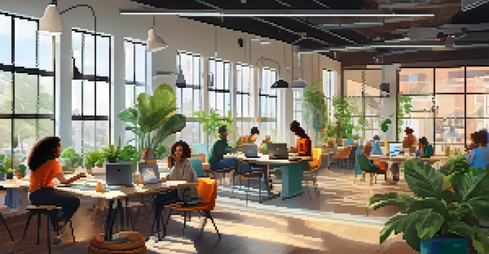 A bright and lively co-working space with diverse individuals working on laptops, discussing ideas, and collaborating, surrounded by modern decor and plants.