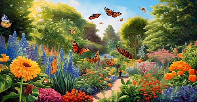 A colorful garden with various plants symbolizing a diverse professional network, illuminated by warm sunlight.