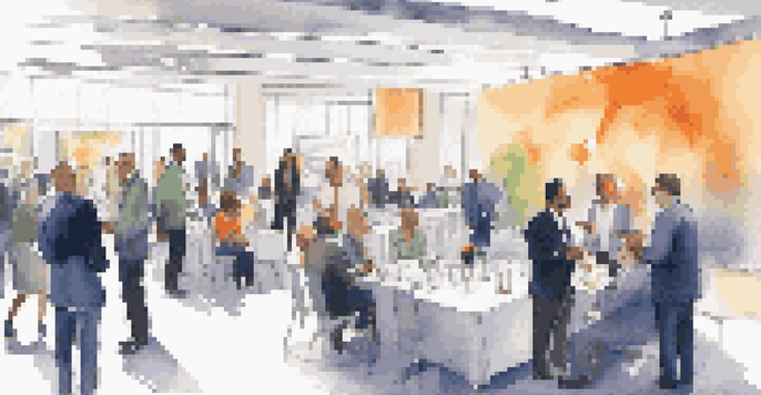 A lively networking event with diverse professionals talking and exchanging business cards in a modern conference hall.