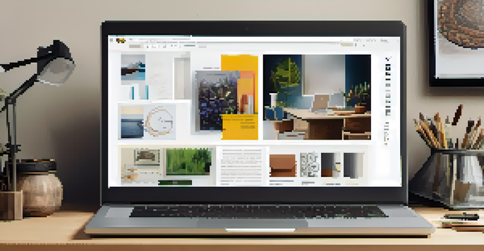 A laptop displaying a well-organized portfolio homepage with vibrant visuals, set on a minimalistic desk with creative tools.