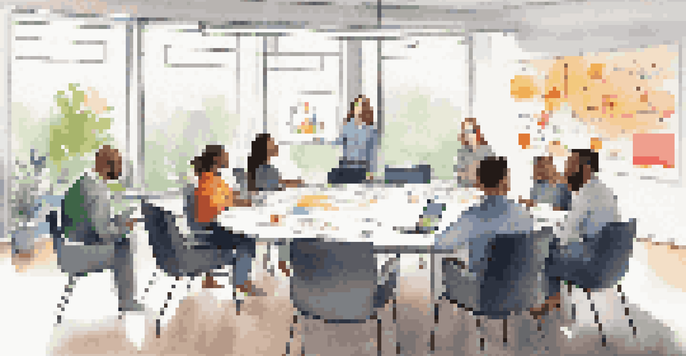 A diverse group of professionals in a bright office setting engaged in a team meeting, showing expressions of focus and collaboration.