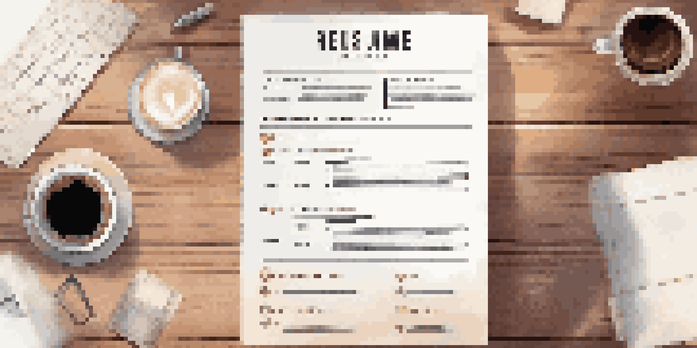 A neatly organized resume on a wooden desk next to a laptop and a cup of coffee, illuminated by soft natural light.