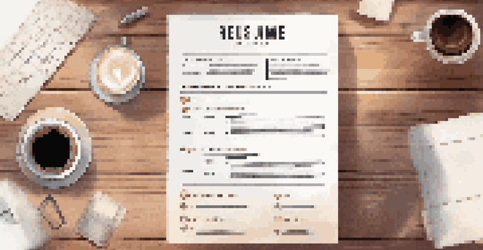 A neatly organized resume on a wooden desk next to a laptop and a cup of coffee, illuminated by soft natural light.