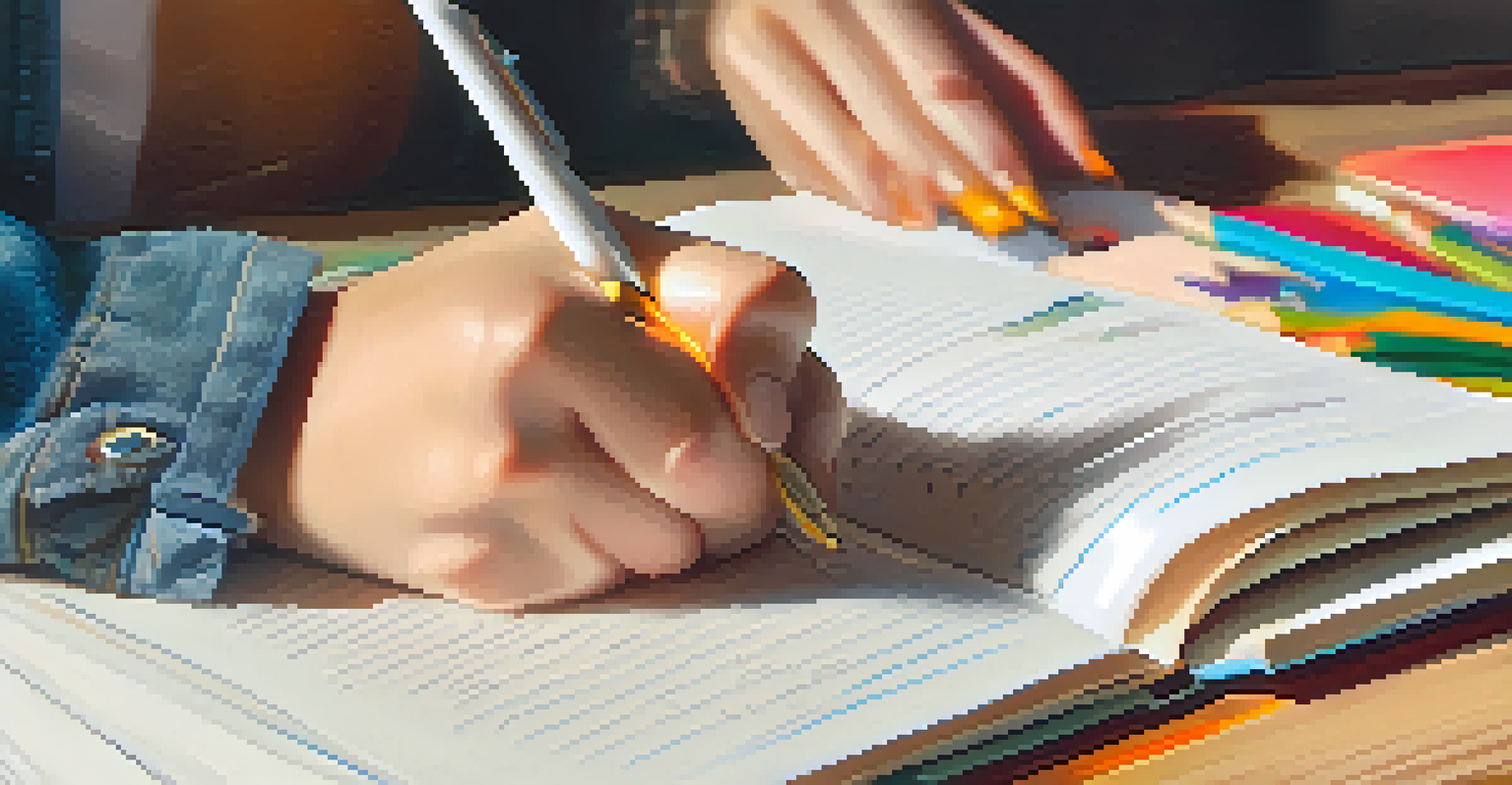 A close-up of hands writing in a journal, with coffee and colorful pens around, capturing a moment of personal reflection and planning.
