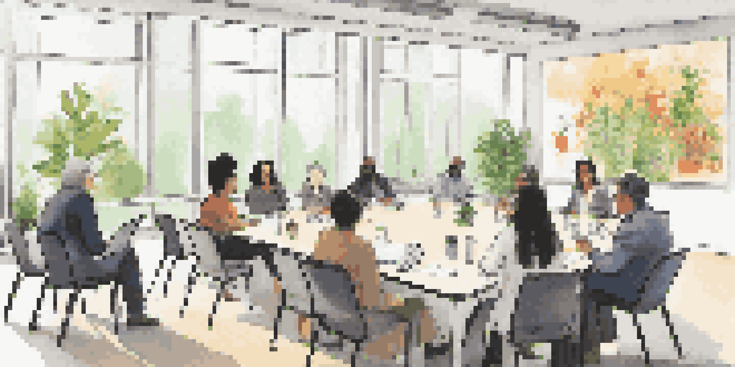 A diverse group of professionals participating in a bias training session, with a facilitator leading the discussion in a well-lit conference room.