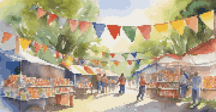 A volunteer organizing supplies for a charity event outdoors, surrounded by colorful banners and decorations.