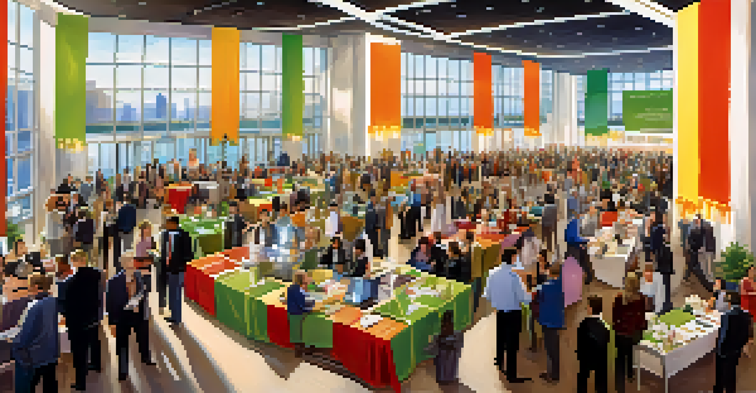 An aerial view of a conference hall filled with attendees networking and engaging in conversations.