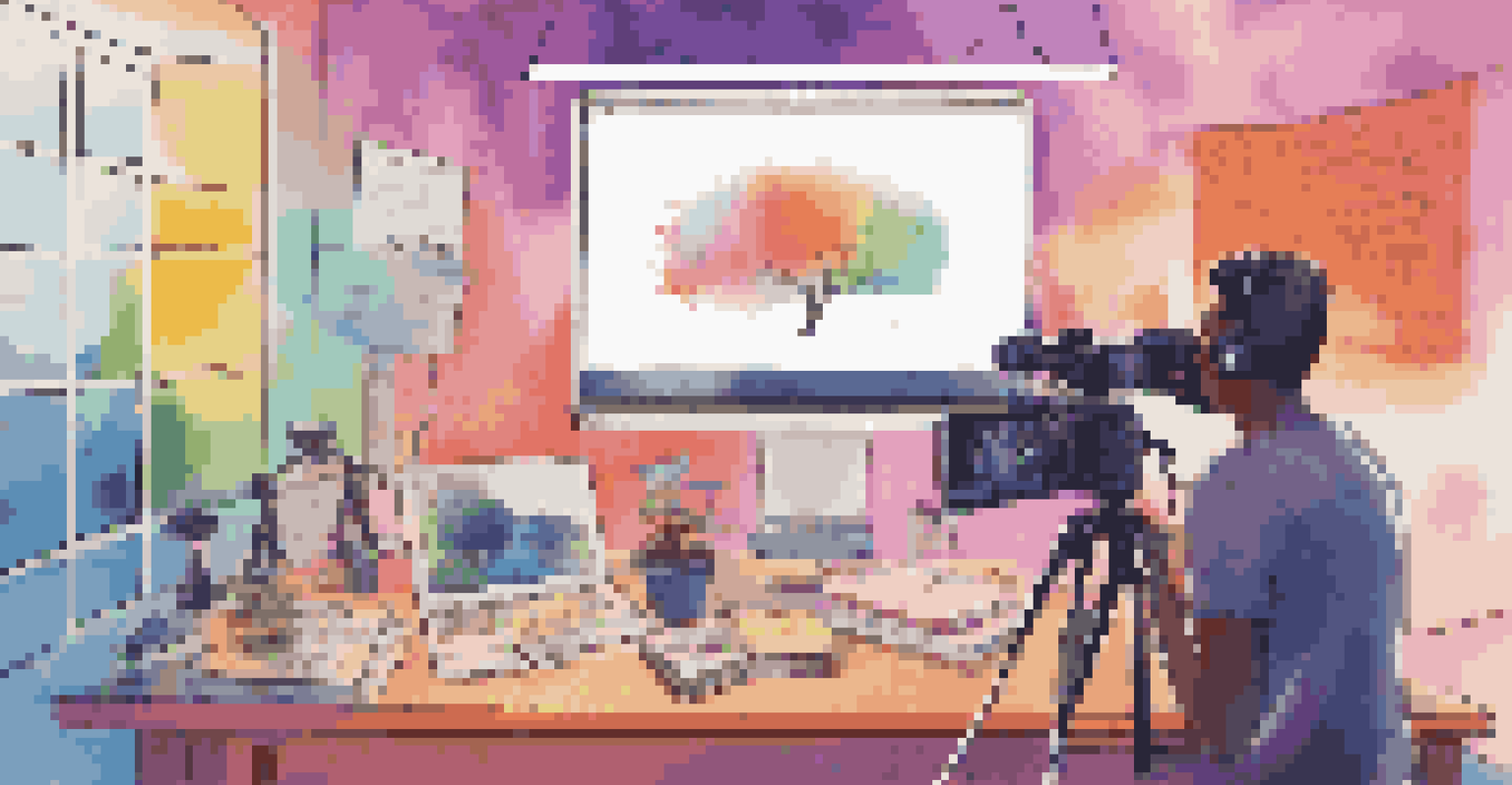 A person recording a video with colorful props and motivational quotes in the background, warm lighting enhancing their enthusiasm.