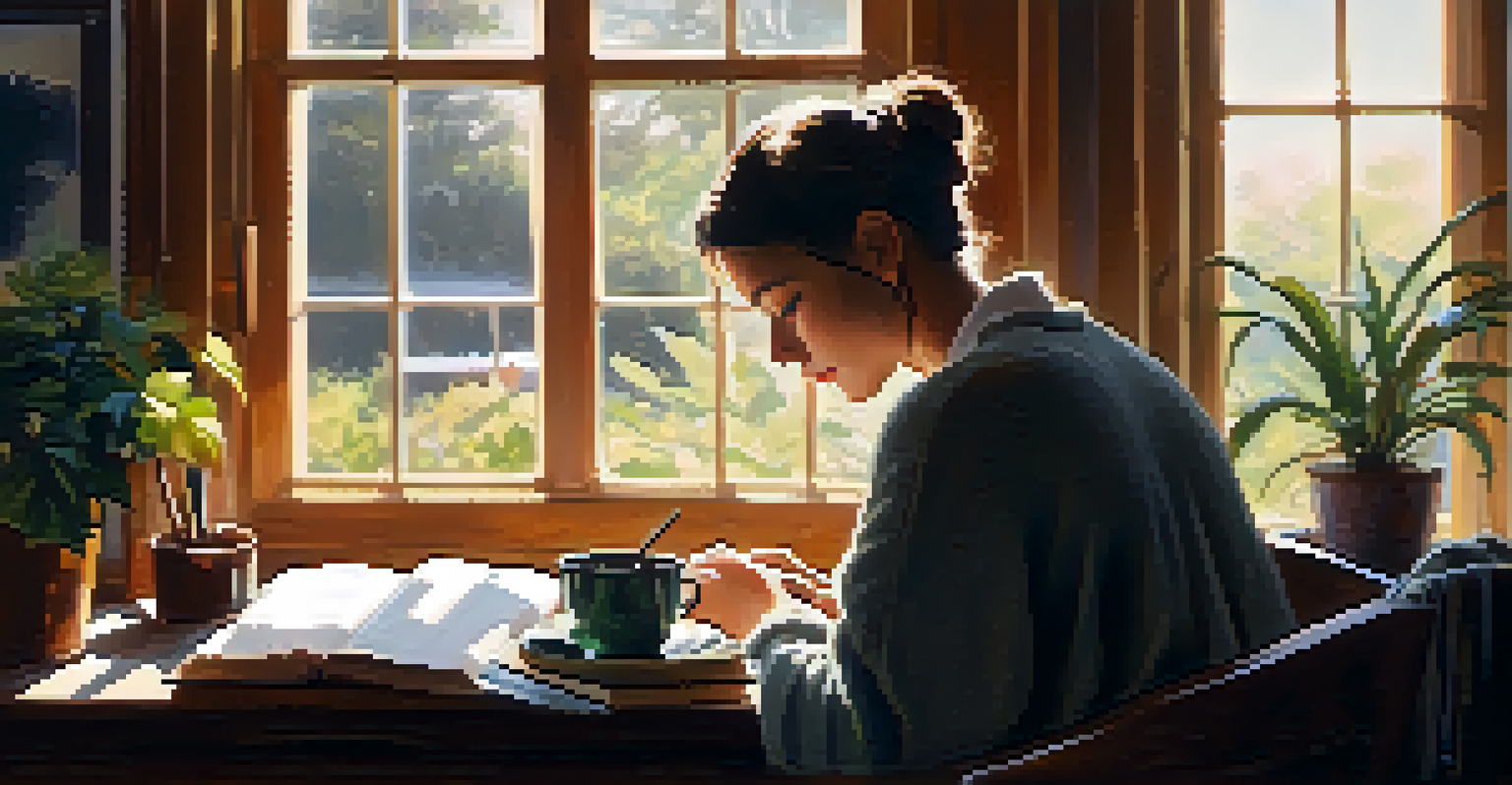 An individual writing in a journal at a cozy desk by a window, surrounded by a plant and books, in soft sunlight.