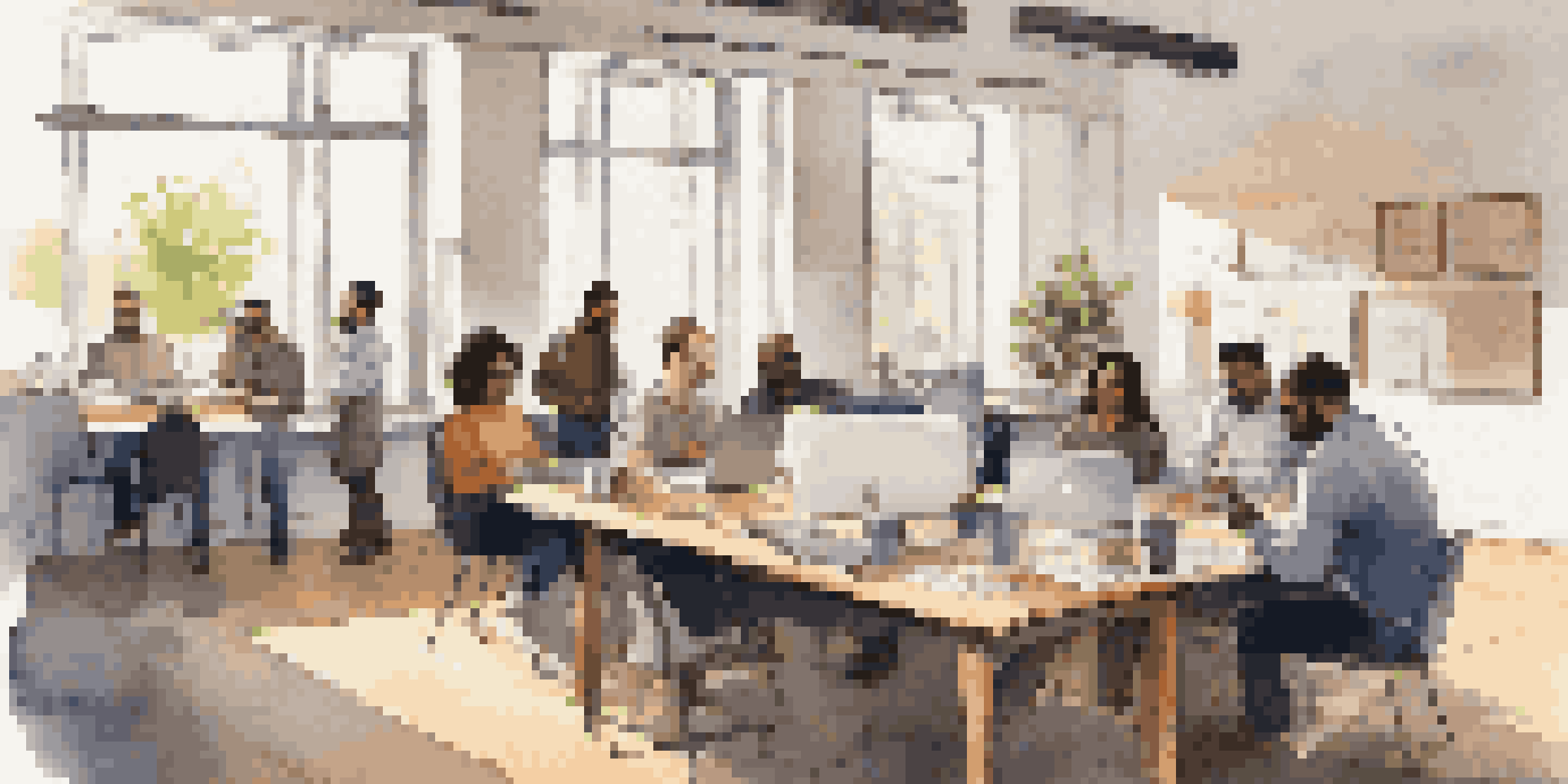 A diverse group of employees in a well-lit office engaged in a collaborative feedback session around a modern wooden table.