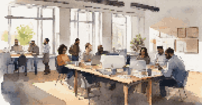 A diverse group of employees in a well-lit office engaged in a collaborative feedback session around a modern wooden table.