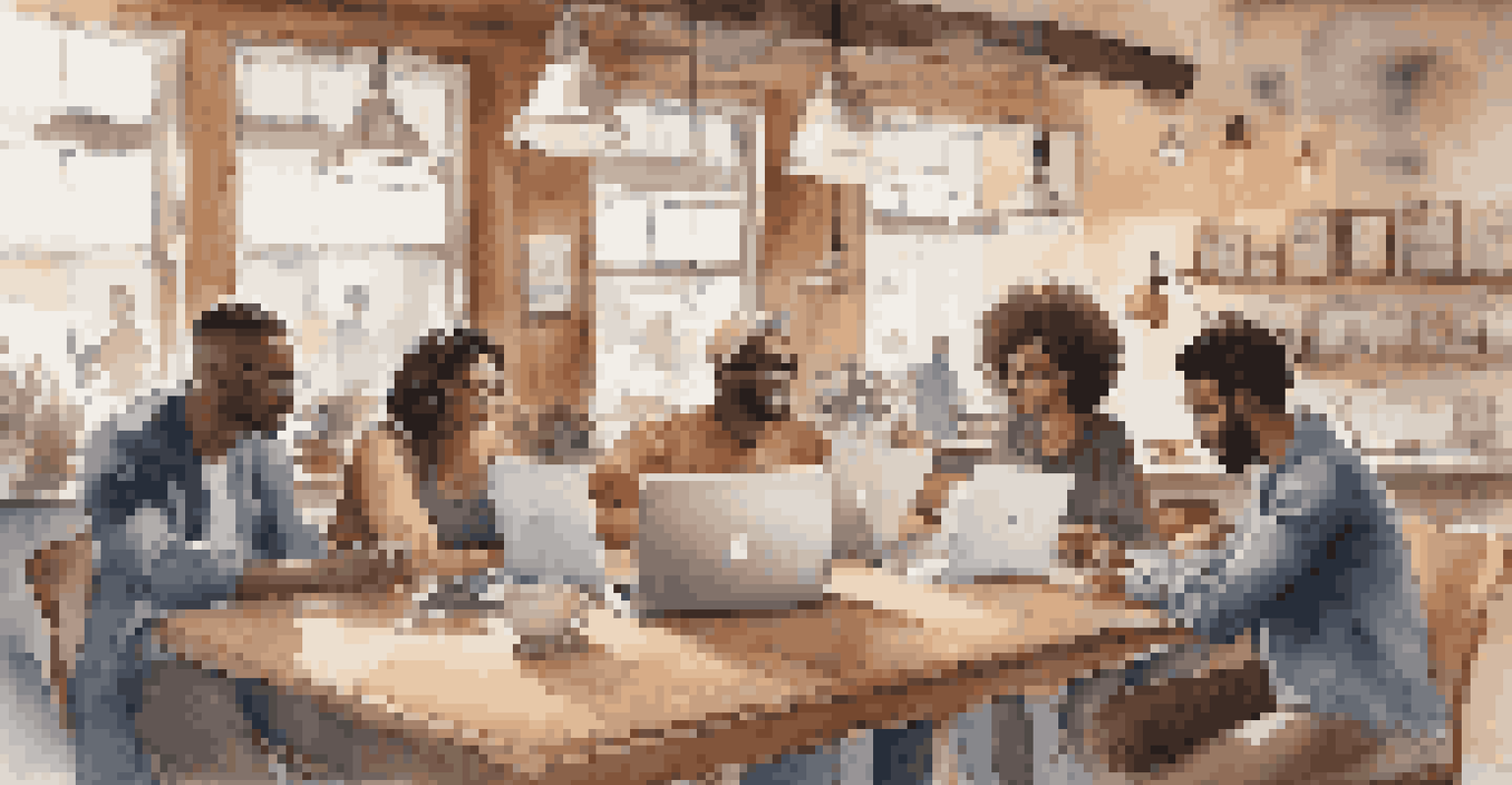 A group of freelancers working together in a cozy coffee shop, surrounded by laptops and notes, enjoying a warm atmosphere.