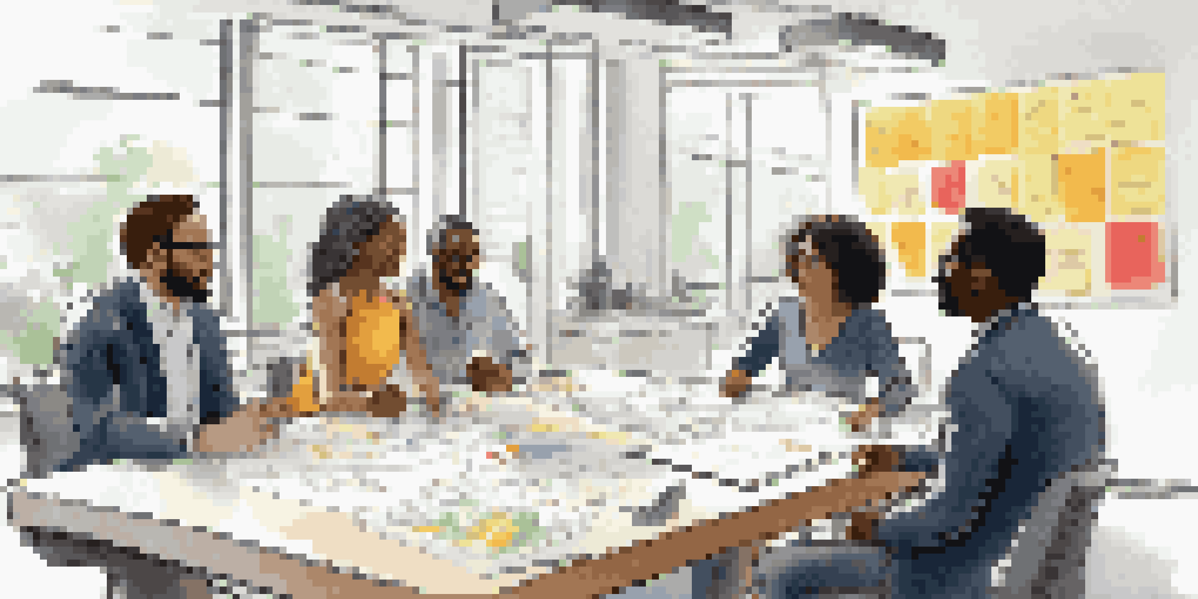 A diverse team of professionals brainstorming around a conference table with sticky notes and a whiteboard.
