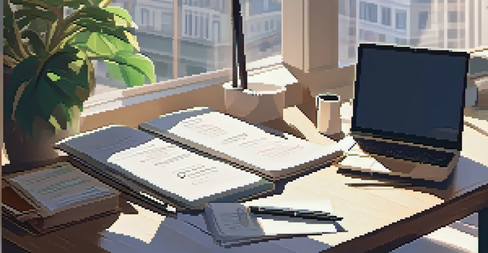 An office space with a wooden desk, an open laptop showing salary research websites, and sunlight streaming through the window.