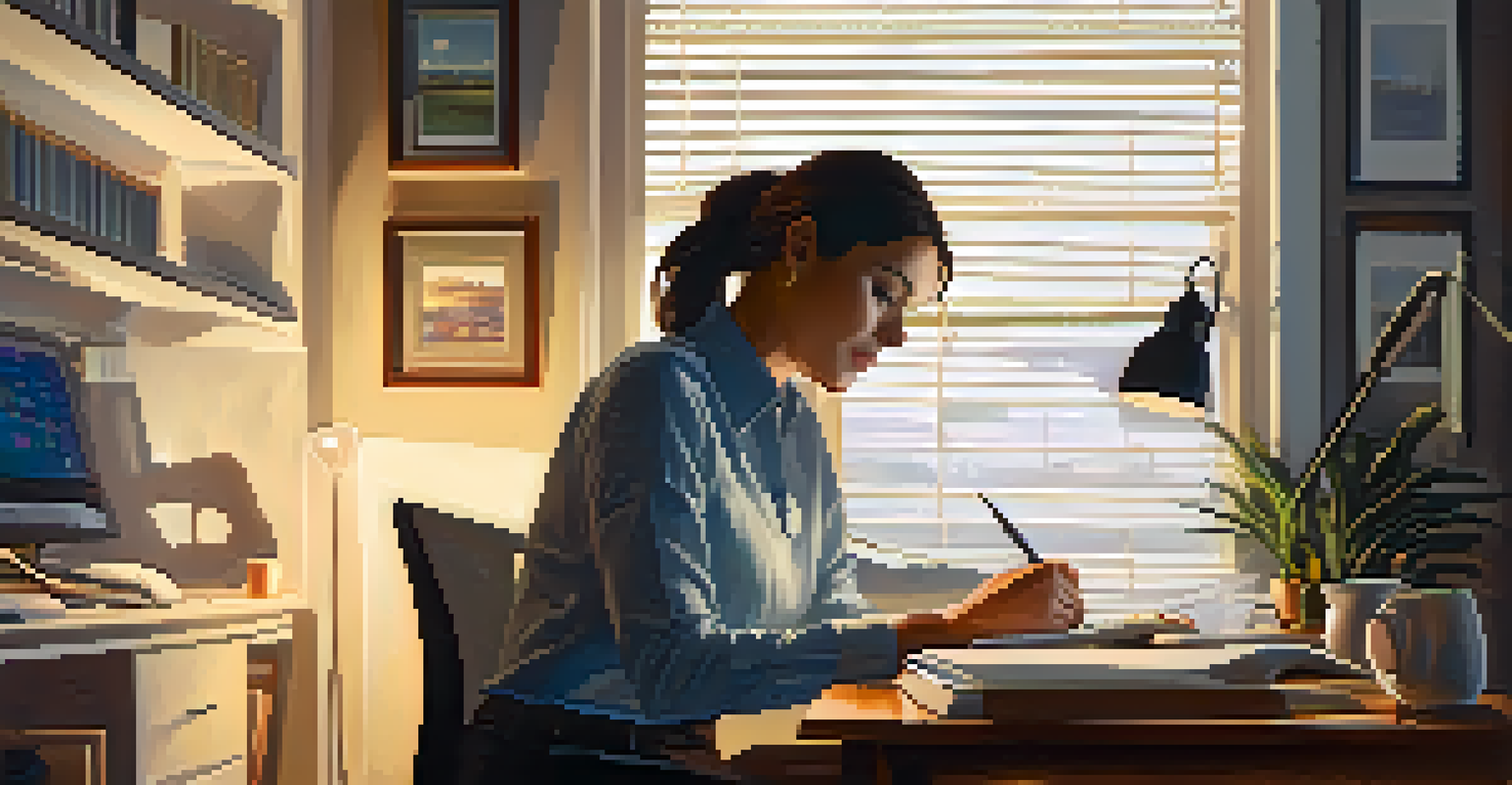 A woman working at a computer in a cozy home office, with coffee and notepad, illustrating the blend of professional and home life.