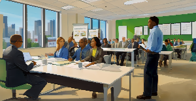 A diverse group of employees engaged in a safety training session in a bright conference room.
