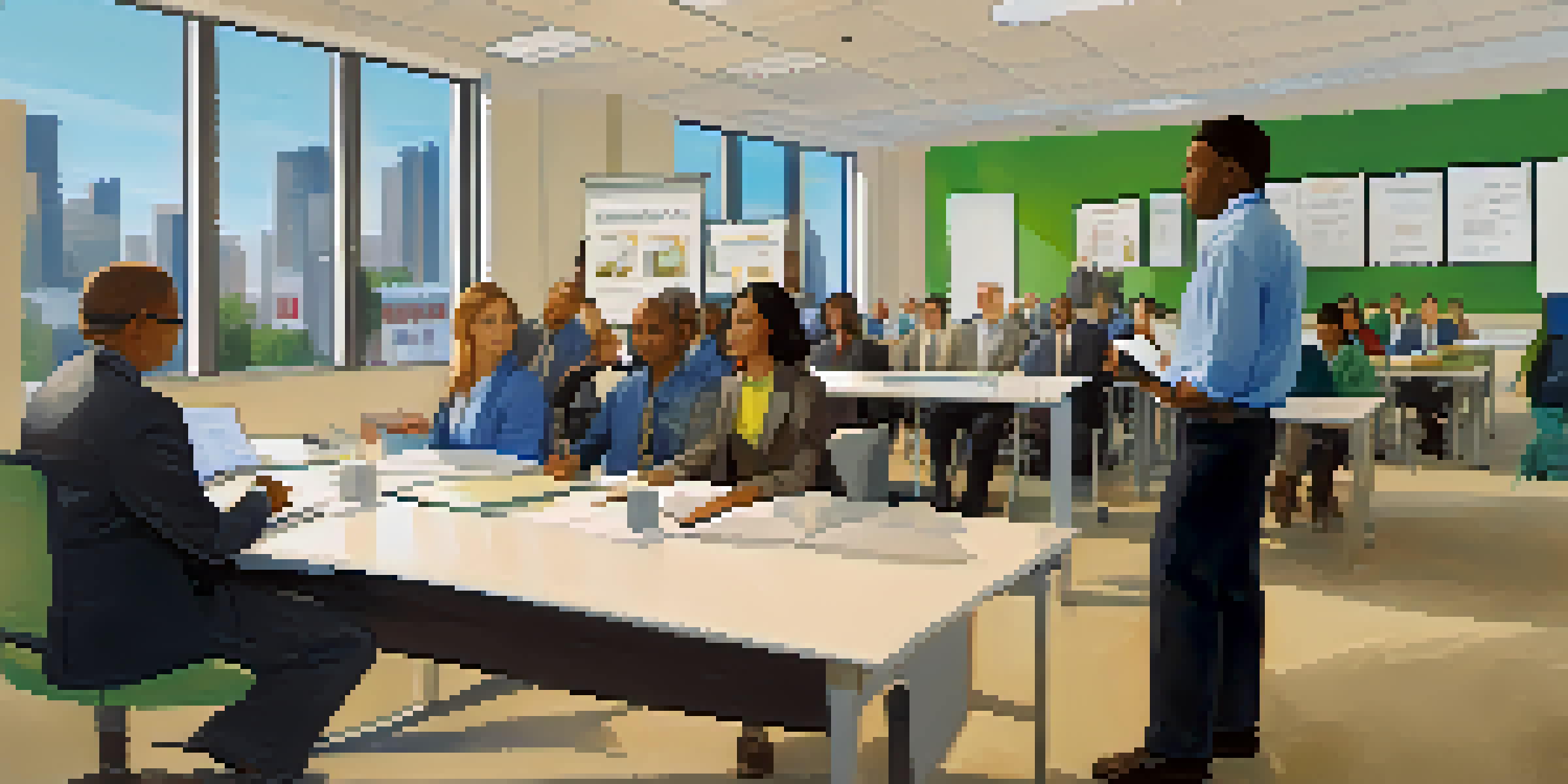 A diverse group of employees engaged in a safety training session in a bright conference room.