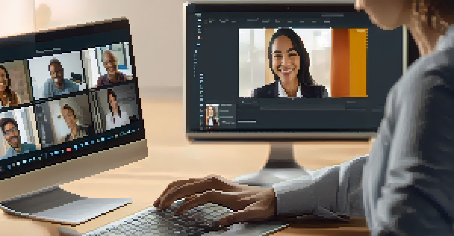 Close-up of hands on a laptop keyboard with a video call screen of smiling faces, symbolizing remote team collaboration.
