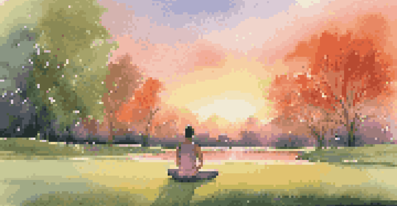 A person practicing yoga in a peaceful park at sunset, surrounded by vibrant colors and lush greenery.