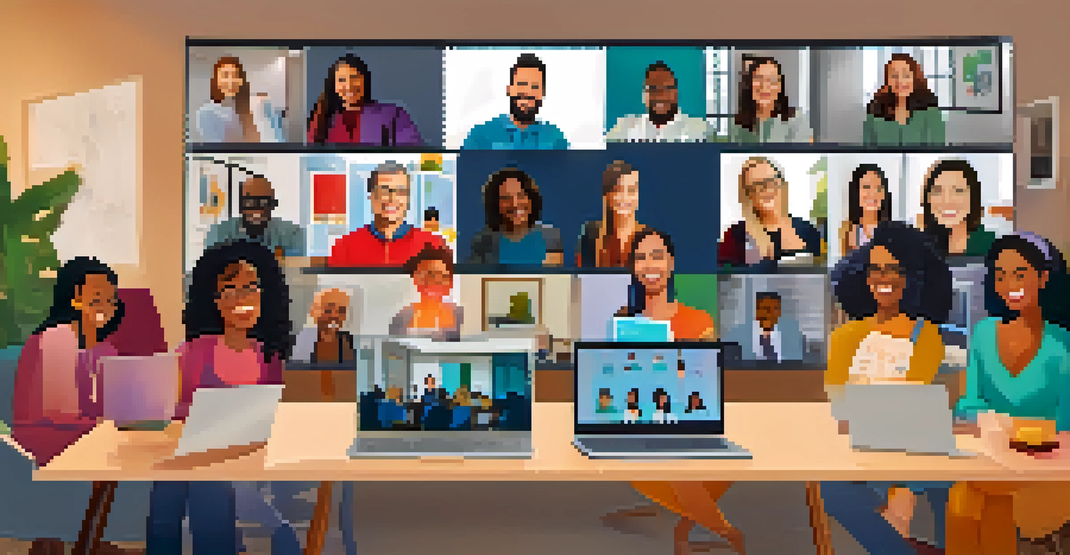 A lively online conference with diverse participants on a video call, each in their unique home office setups, showcasing collaboration.