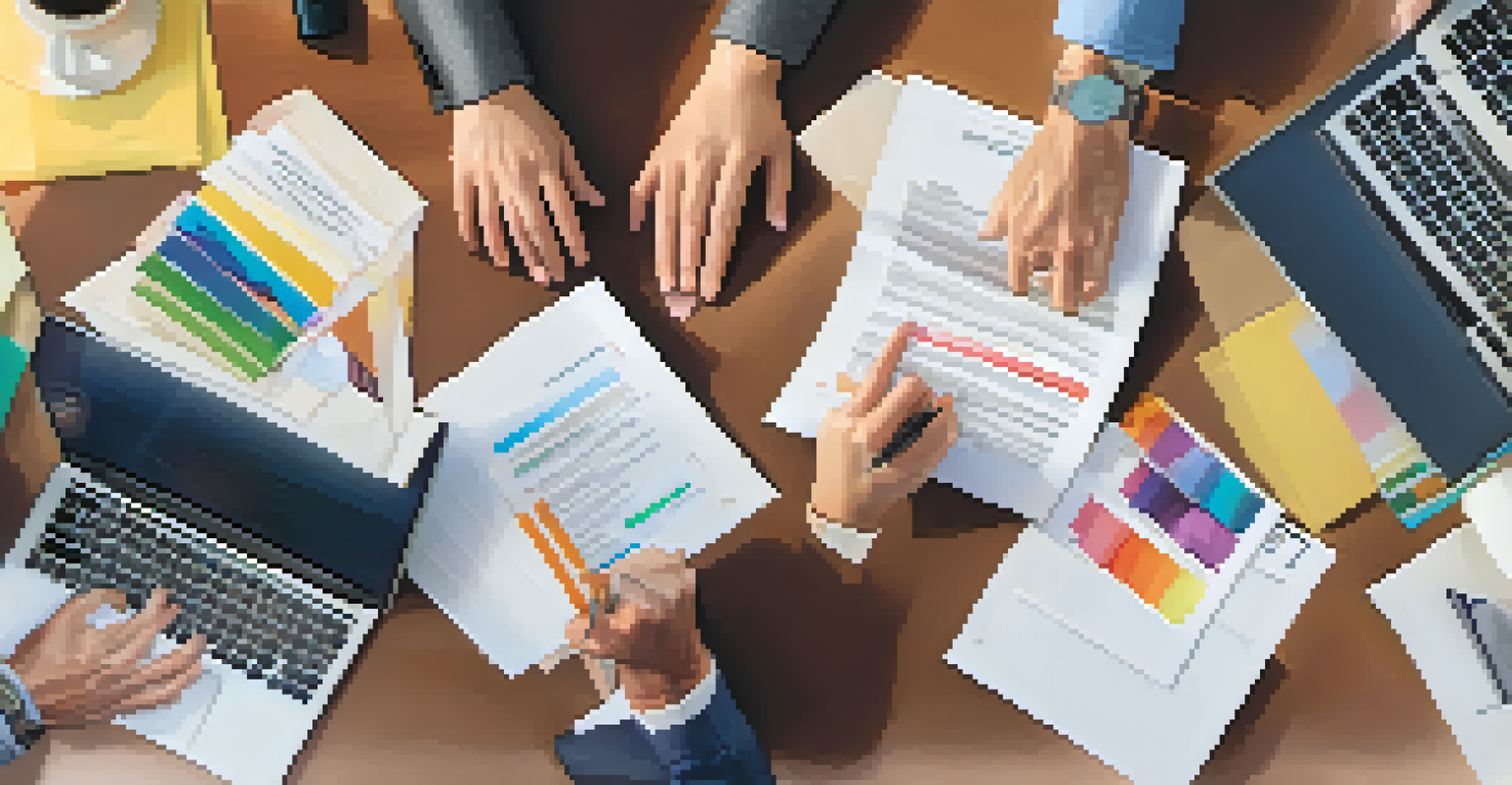 A close-up of diverse hands reaching towards a table with documents and laptops, symbolizing teamwork and collaboration.