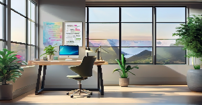 A bright and modern office space with a desk, laptop, and indoor plants, illuminated by natural light from a large window.