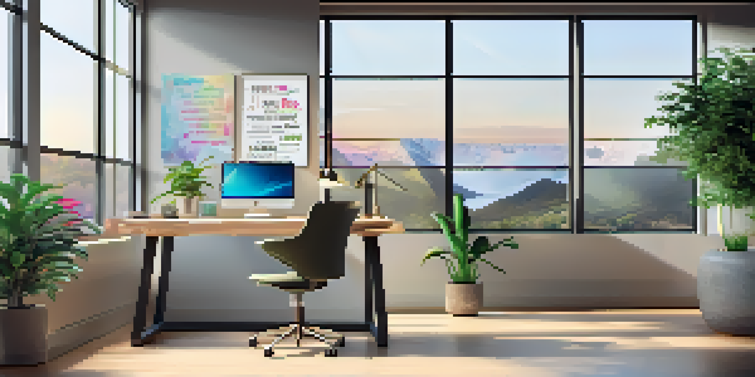 A bright and modern office space with a desk, laptop, and indoor plants, illuminated by natural light from a large window.