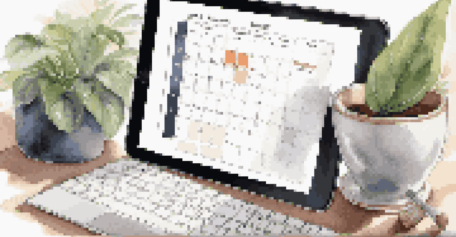 A digital planner on a tablet showing a balanced schedule, with a sunny workspace in the background.