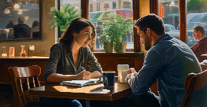 Two individuals having a conversation in a café, representing an informational interview.