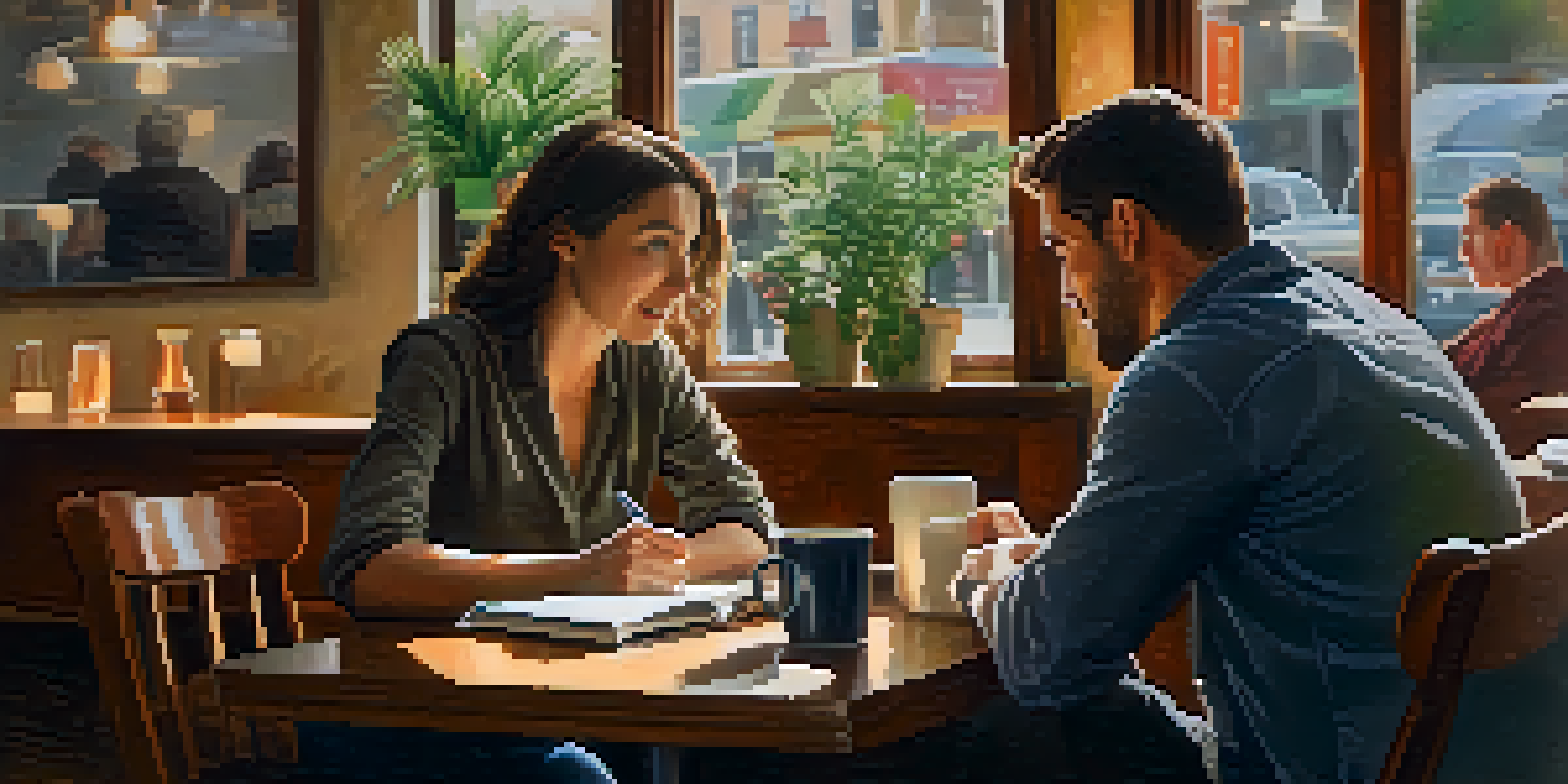 Two individuals having a conversation in a café, representing an informational interview.