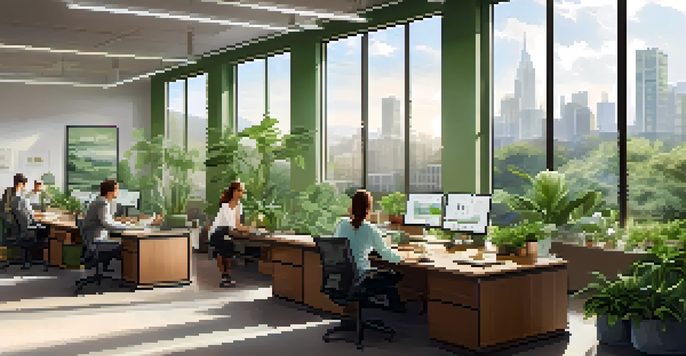 An office with natural light, green plants, and employees working together, showcasing a culture of sustainability.