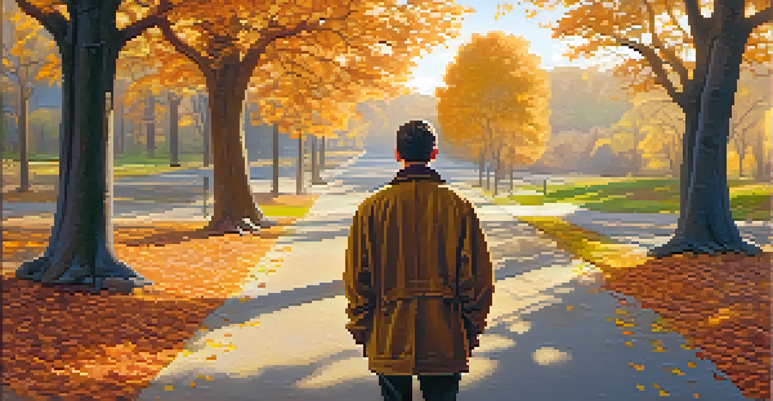 A person at a crossroads in a colorful autumn forest, symbolizing career decision-making.