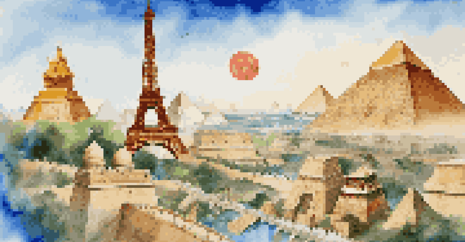 A collection of famous global landmarks representing cultural diversity and unity.