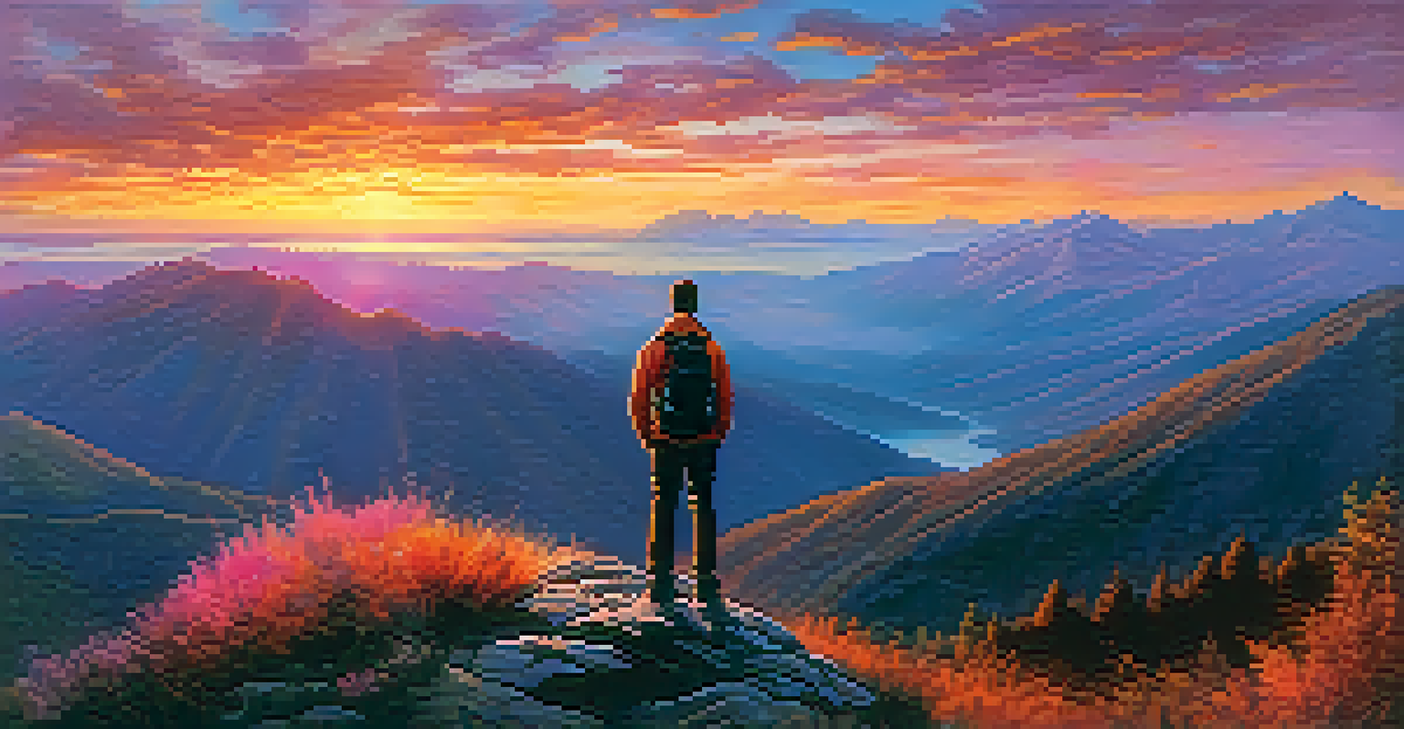 A person on a mountain peak at sunset, gazing at the horizon symbolizing ambition and goals.