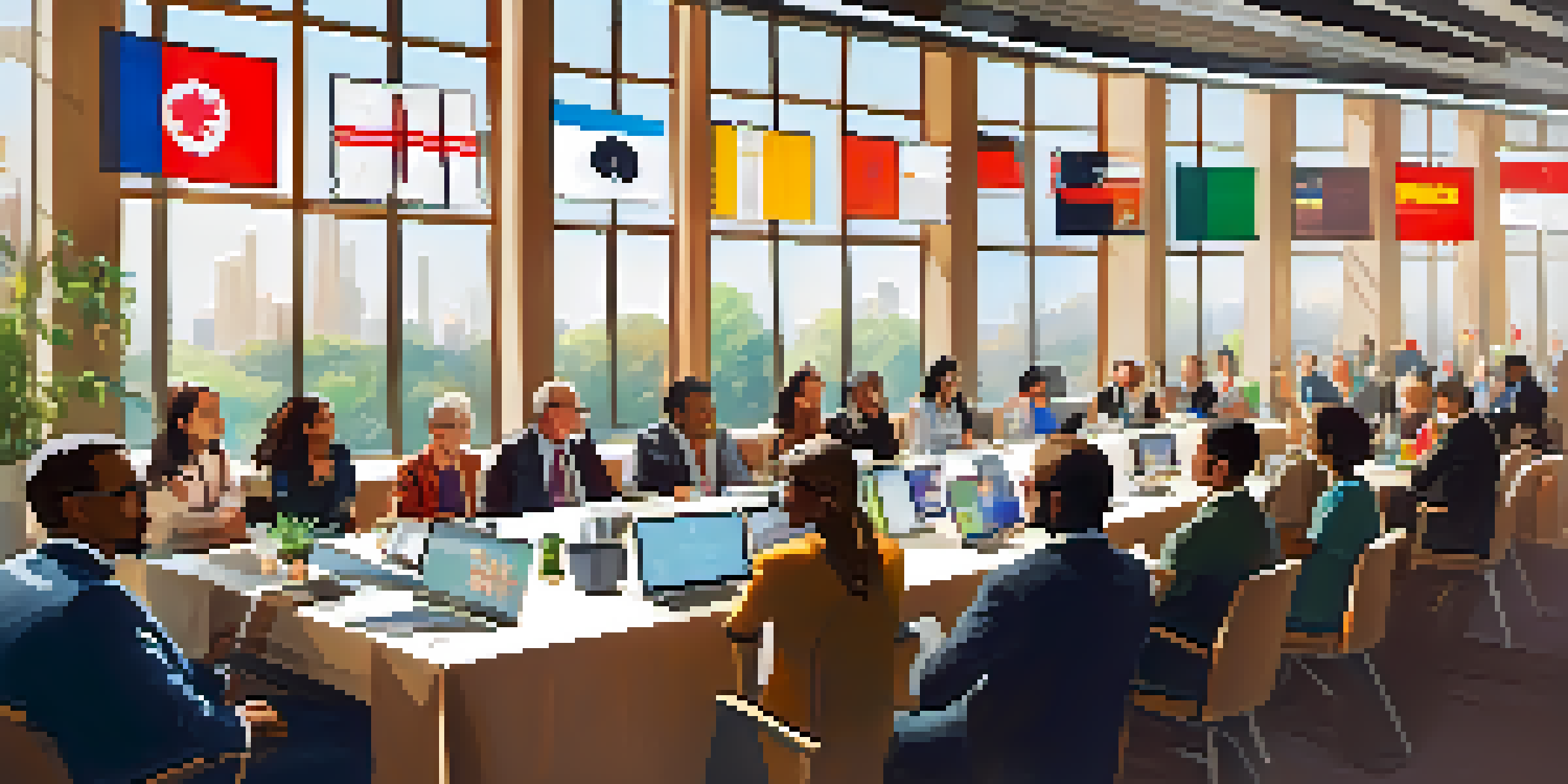 A diverse group of professionals at an international conference, discussing ideas with laptops and flags in the background.