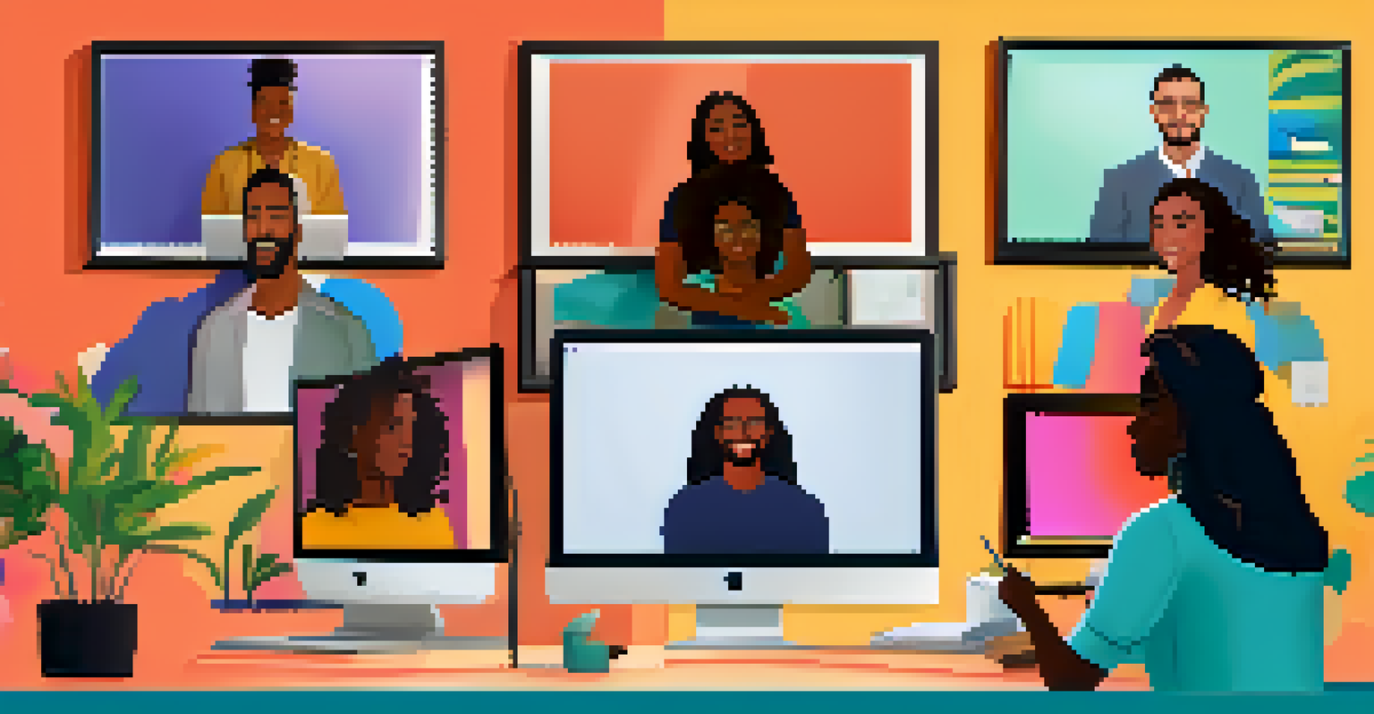 A split-screen view of diverse remote workers on a video call, each in their unique home office settings.