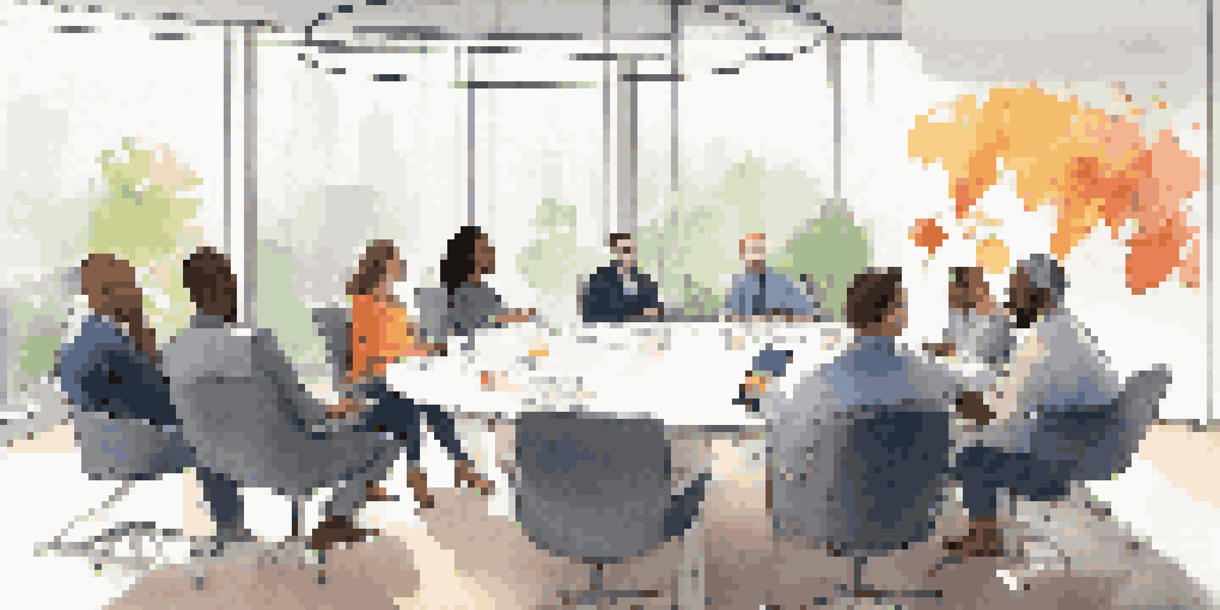 A diverse team in a conference room, engaged in a discussion, with expressive body language and visible notes.