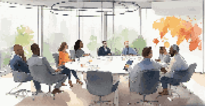 A diverse team in a conference room, engaged in a discussion, with expressive body language and visible notes.